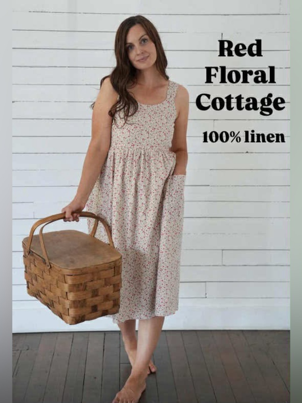 Red Floral Cottage Linen Midi Dress - Sleeveless